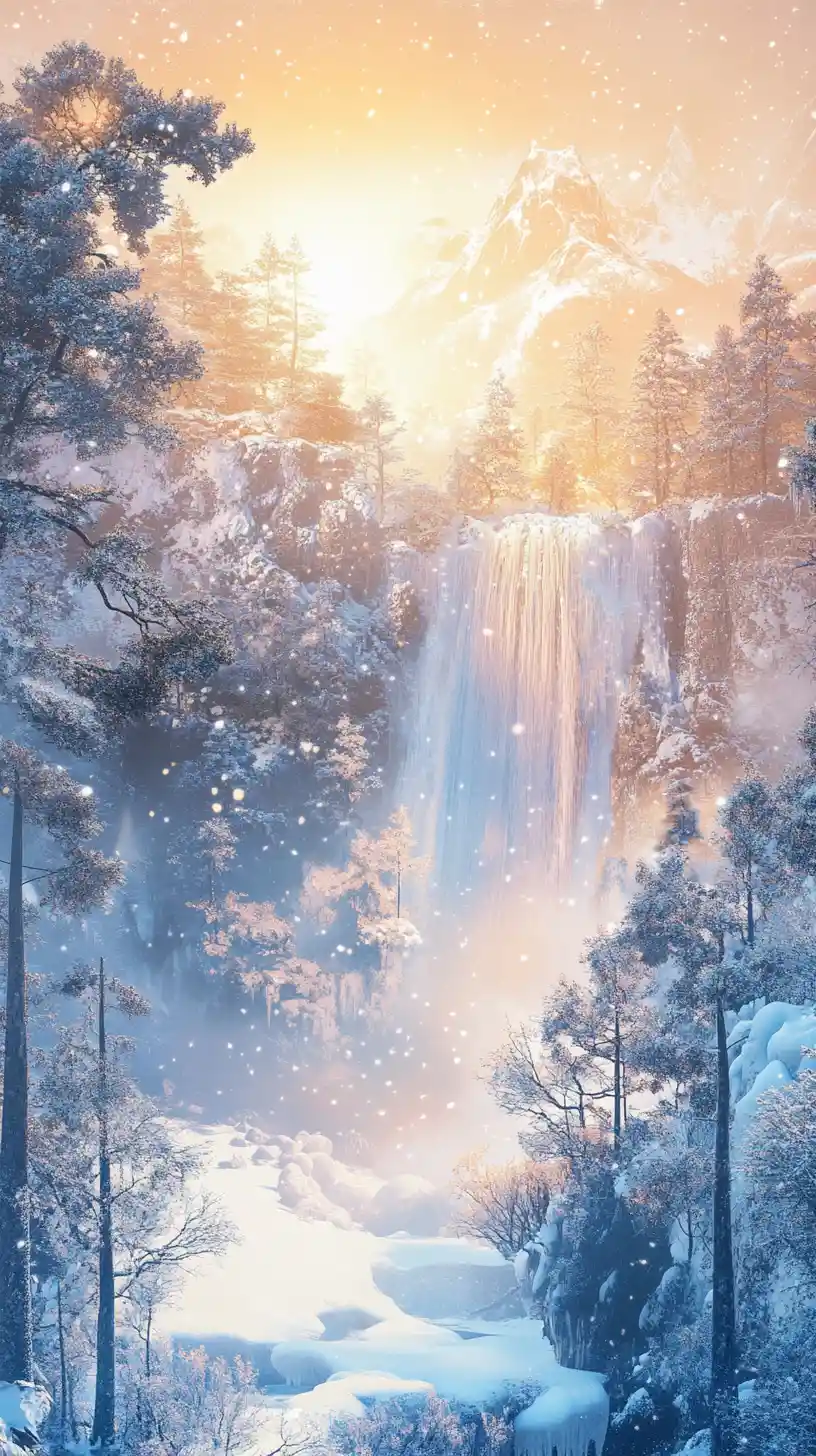 Enchanted frozen waterfall at first winter sunset