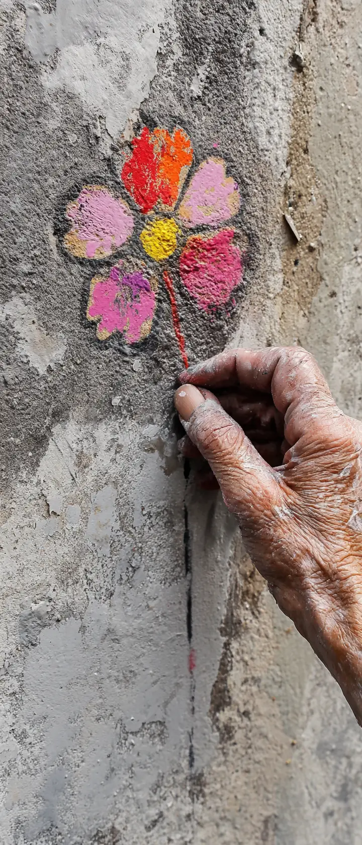 Old hand placing colorful flower stencil on concrete wall