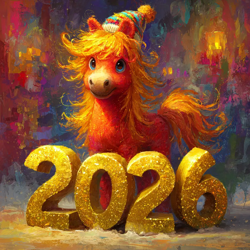 Festive red horse with golden 2026 new year numbers