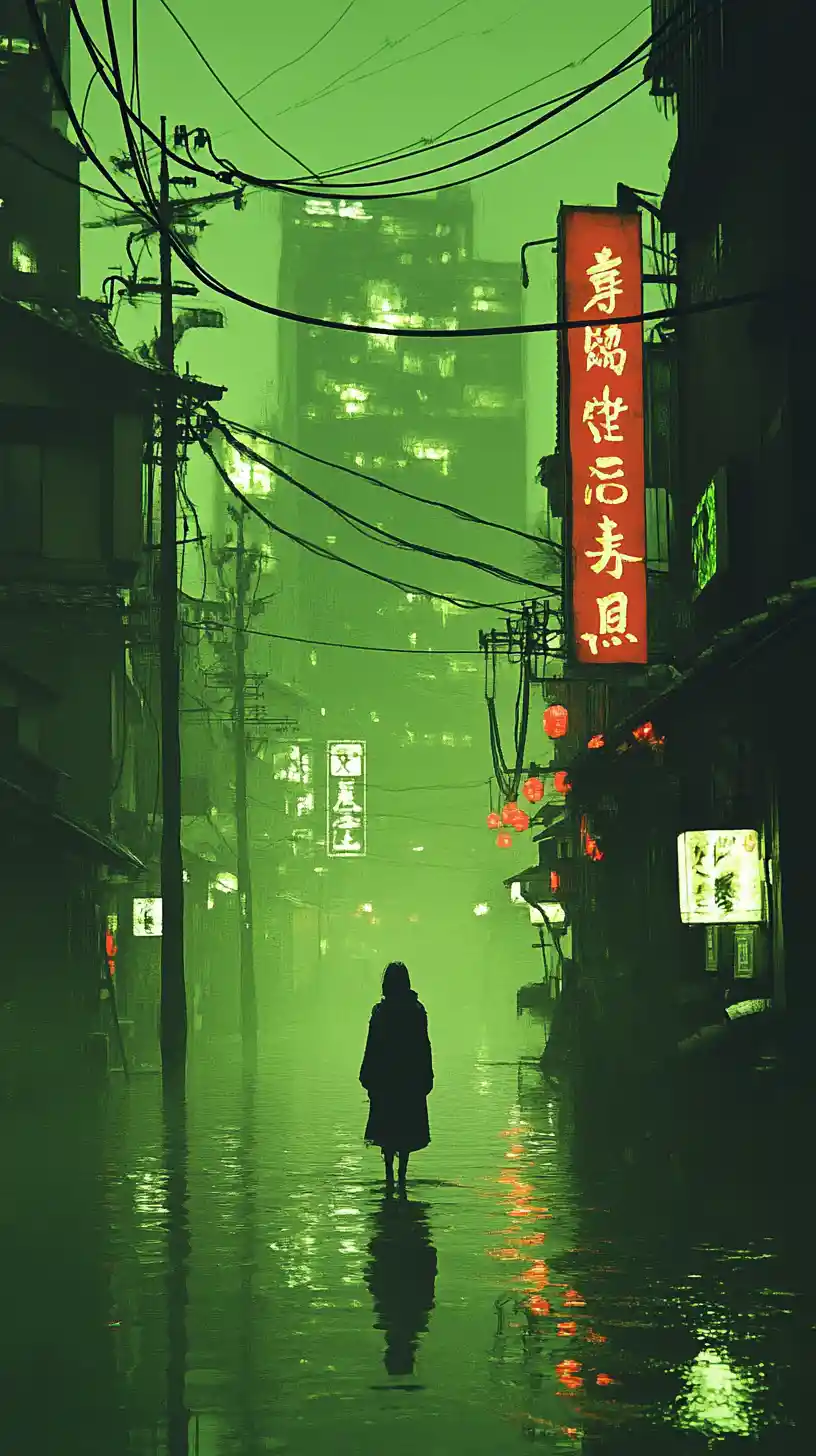 Uomo con lungo cappotto sul lungomare giapponese illuminato di verde