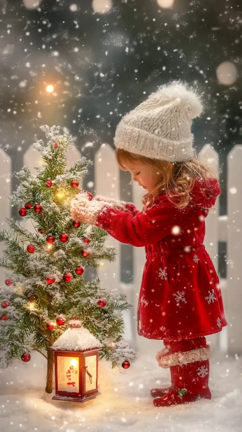 Young girl decorating a small christmas tree in snow