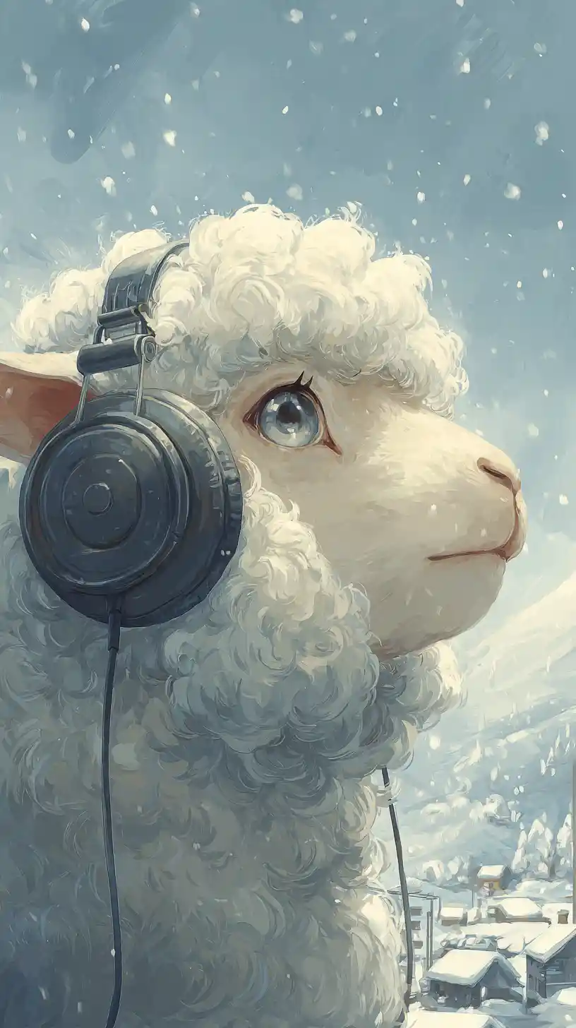 Ritratto di pecora in stile anime con cuffie in un villaggio innevato