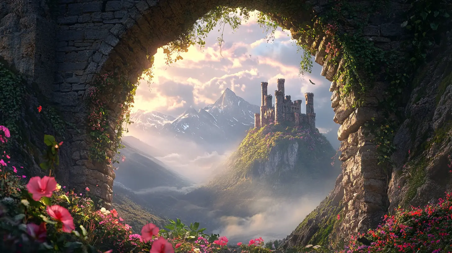 Ancient Cliffside Castle Beyond A Flowered Stone Archway