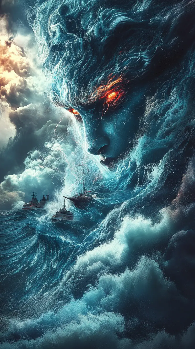 Towering ocean goddess rising from stormy sea waves