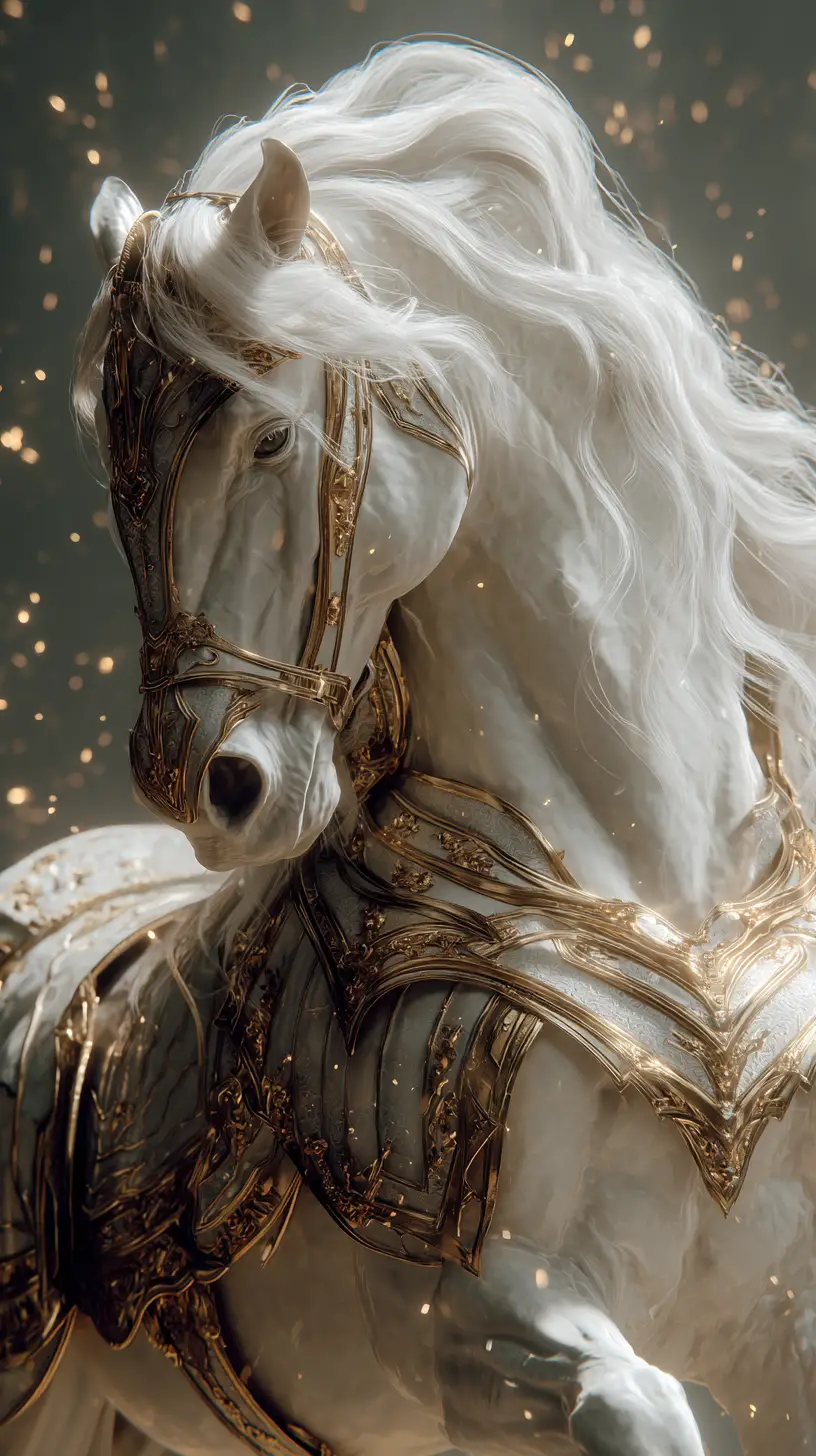 Majestic white horse in ancient golden armor