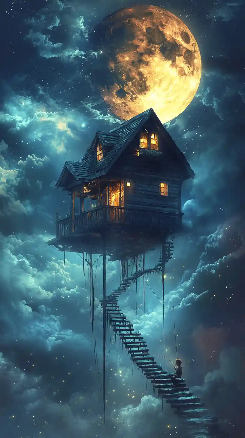 Floating chalet house with boy fishing in dreamy night sky