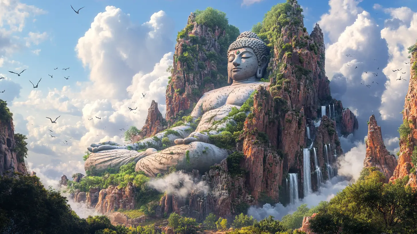Ancient stone god sleeping peacefully in vast fantasy landscape