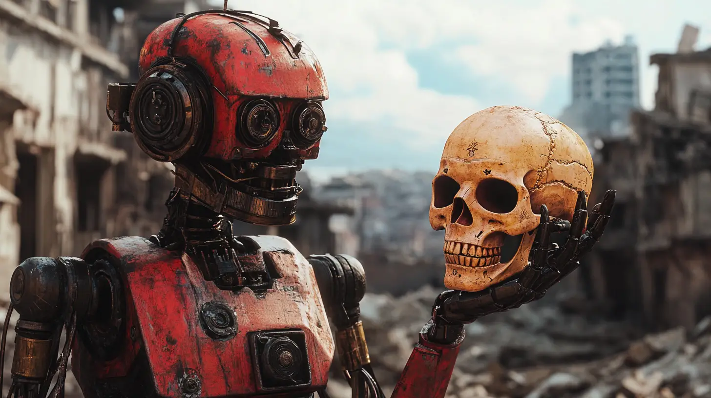 Steampunk robot holding a human skull in ruined city