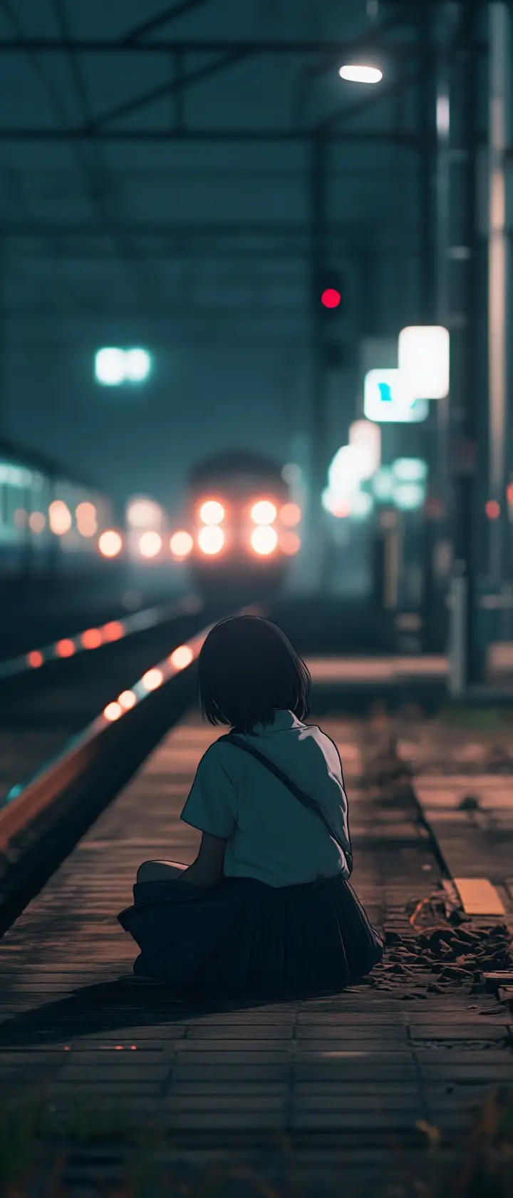 Anime schoolgirl alone on empty twilight train platform