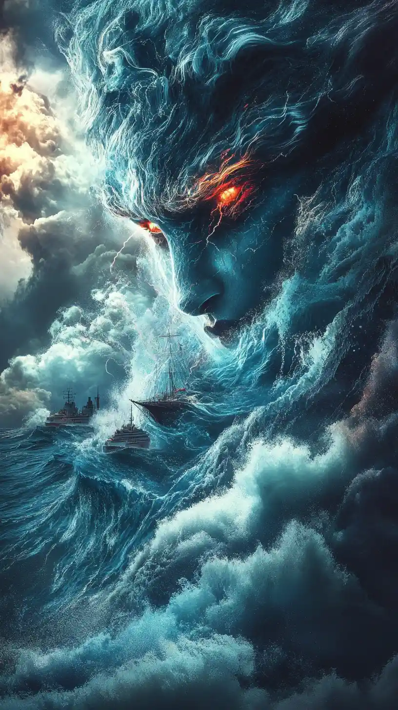 從暴風海浪中屹立而起的高聳海洋女神