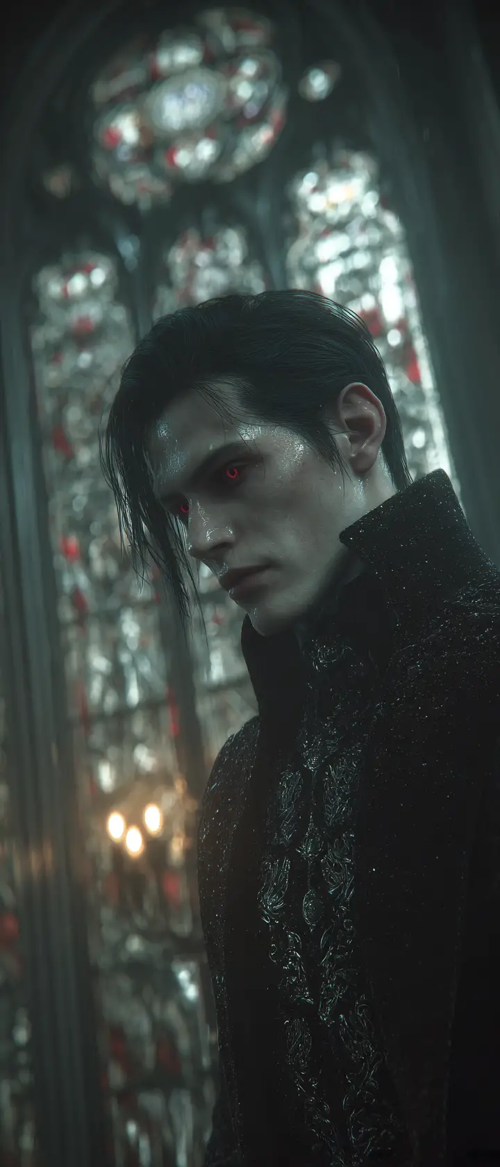 Ancient vampire lord portrait in gothic candlelit mansion