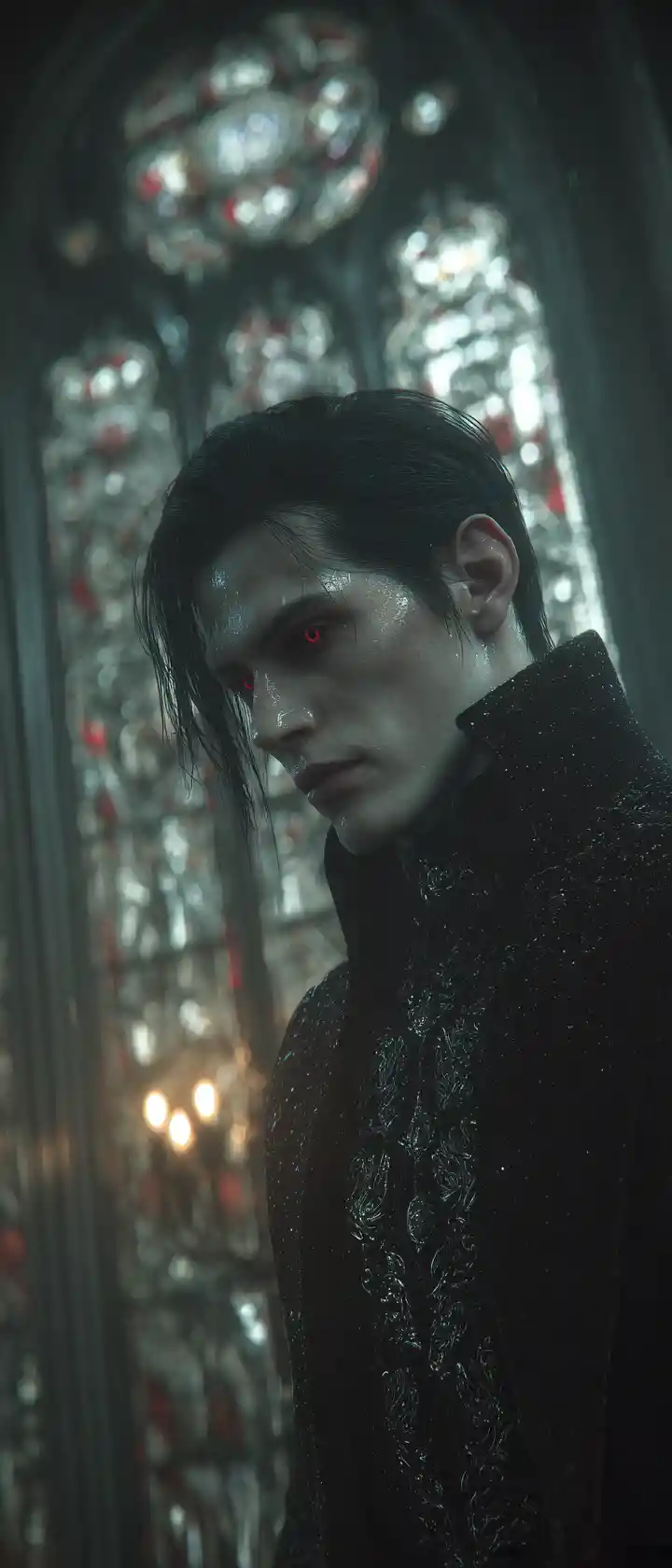 Ancient vampire lord portrait in gothic candlelit mansion