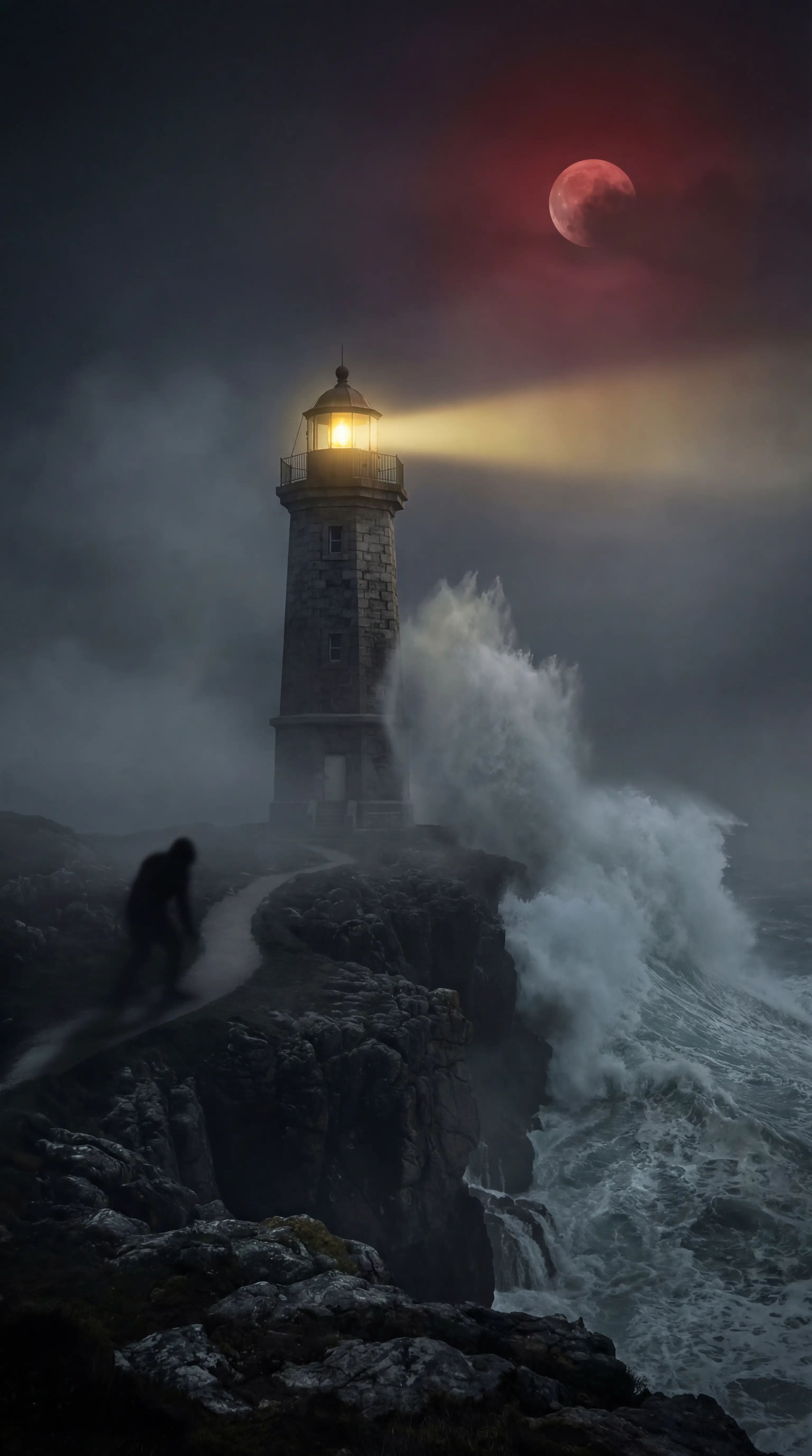 Misty lighthouse on a stormy cliff under a red moon