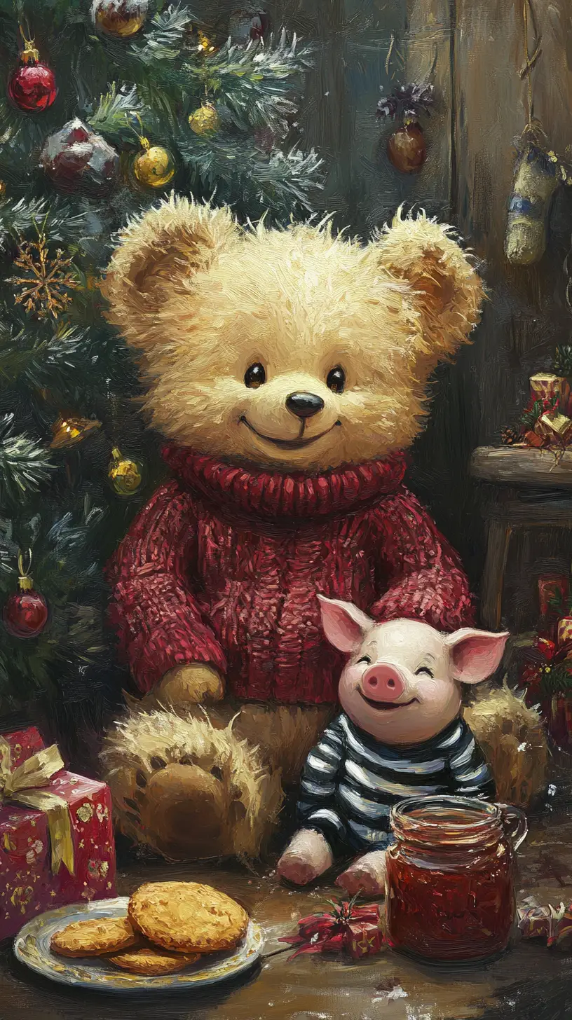 Teddy bear and piglet by a cozy christmas tree
