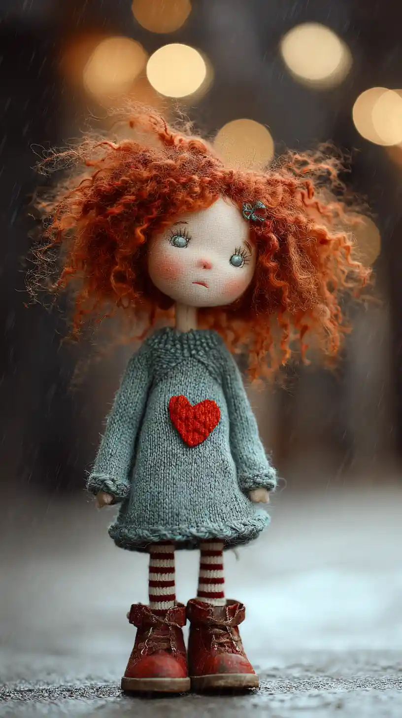 Handmade red haired art doll in soft rainy bokeh scene
