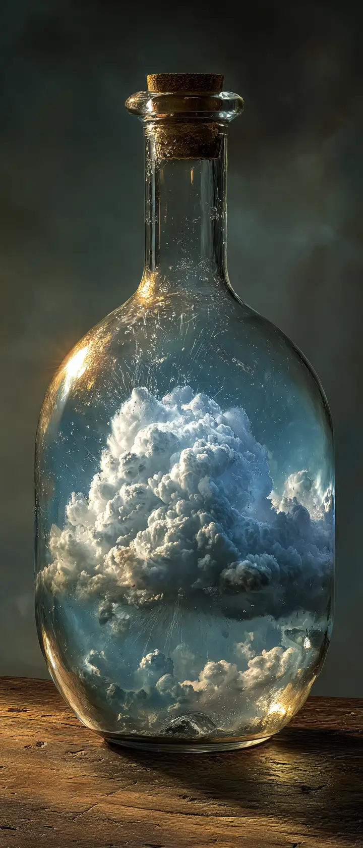 Glass flask still life with miniature thunderstorm inside