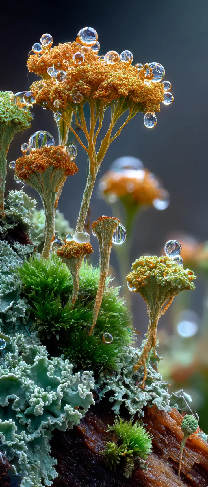 Macro view of moss and lichen forest on old bark