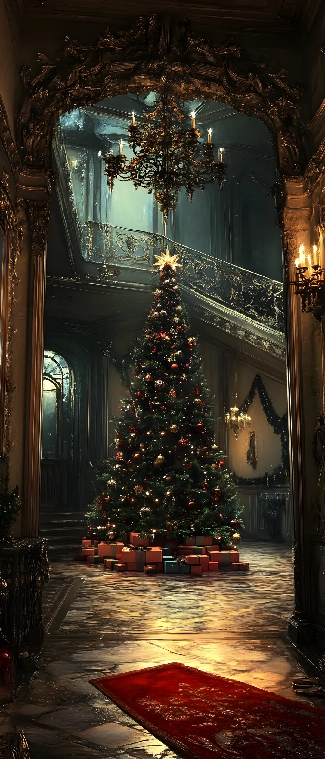 Giant Christmas Tree In A Decorated Baroque Style Hallway