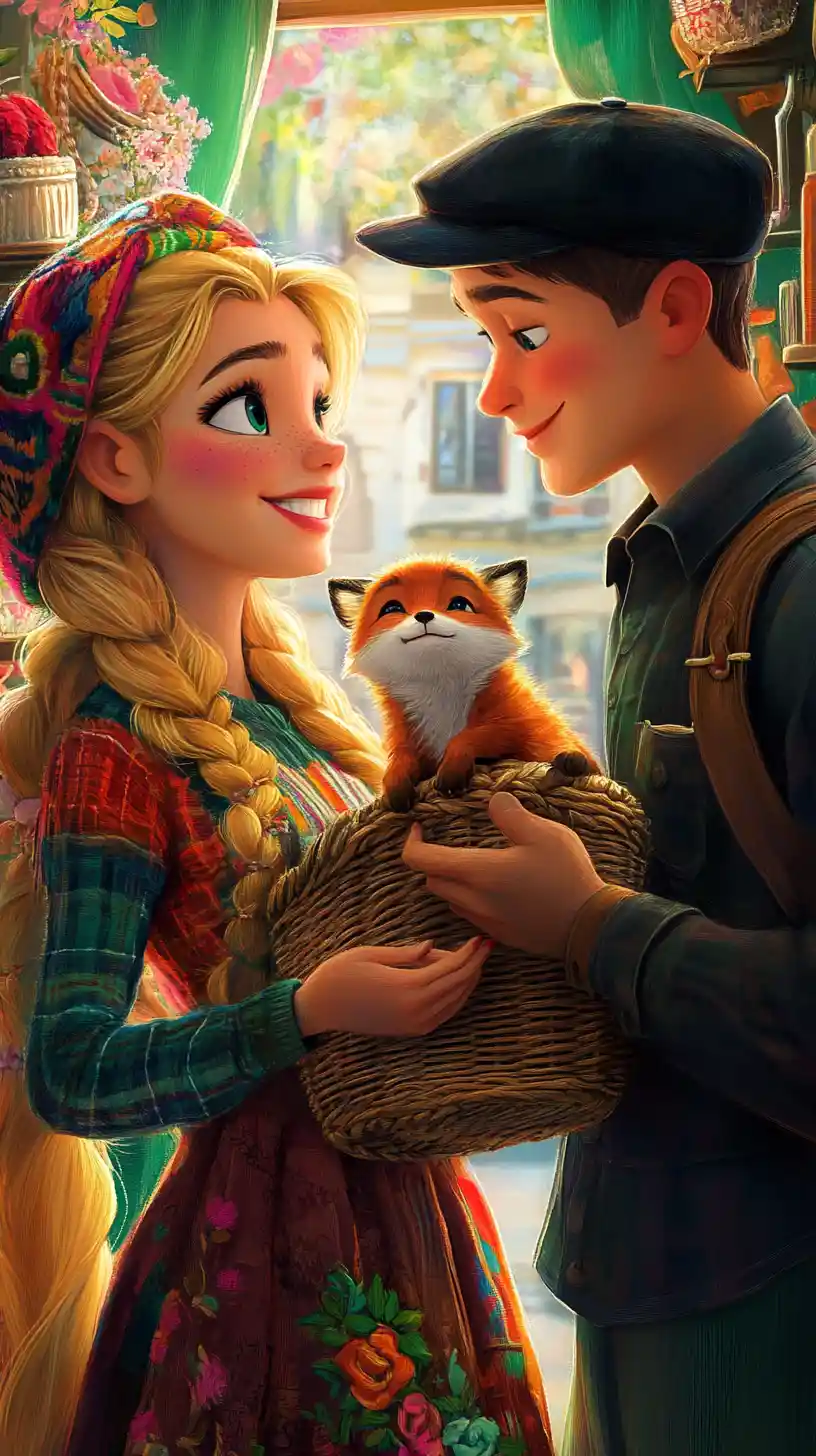 Young couple with fox cub in a bright indoor room