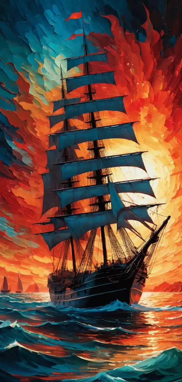 Nächtliche Meereslandschaft mit Segelschiff im dramatischen roten Sonnenuntergang