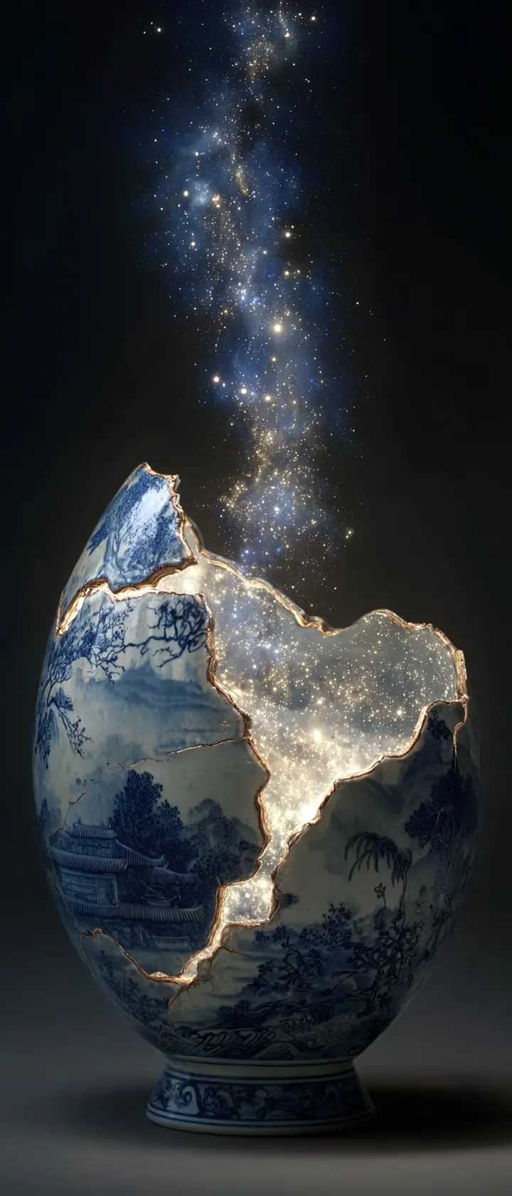 Porcelain Bowl Fragment Repaired With Glowing Cosmic Cracks