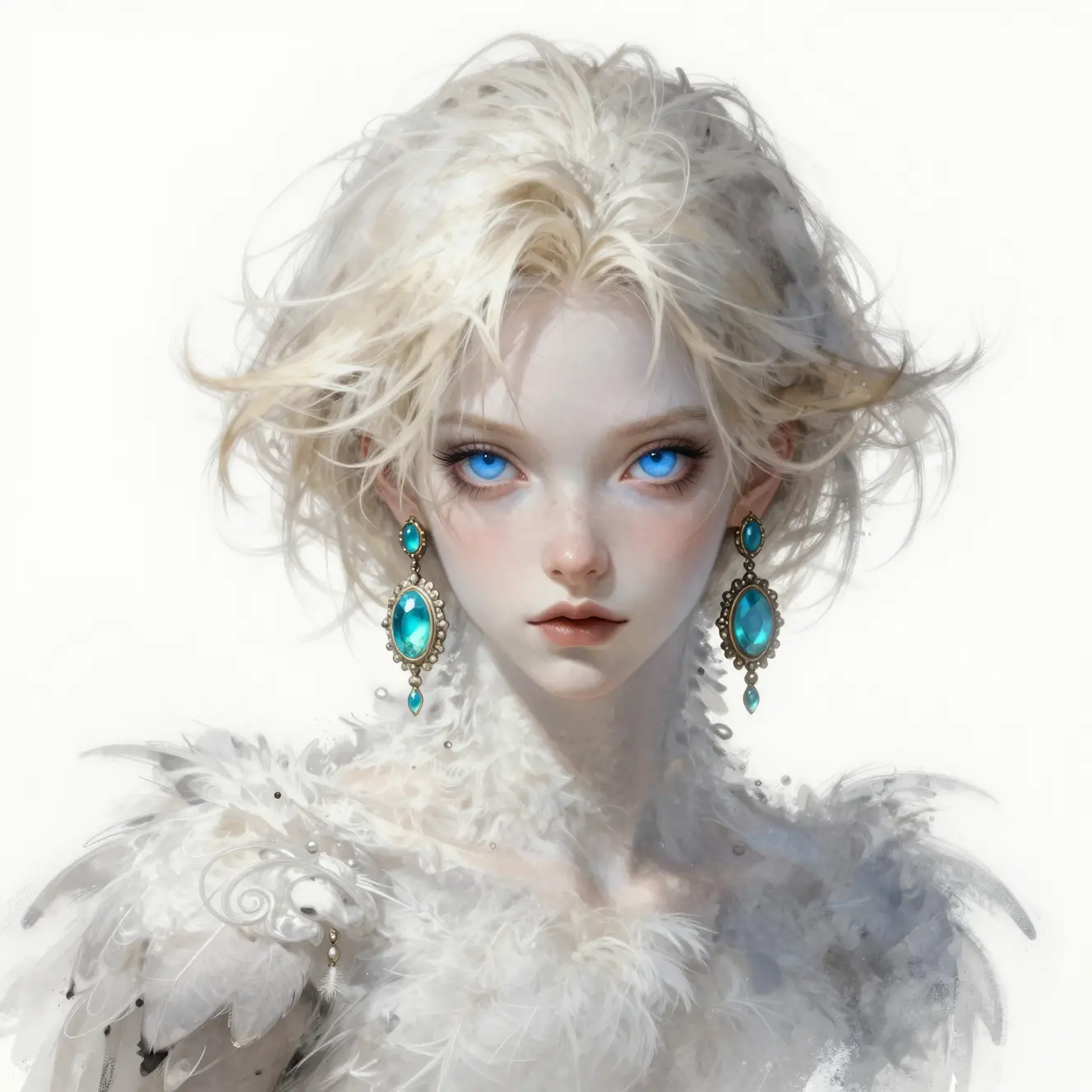 Pale woman with blue eyes and turquoise earrings portrait