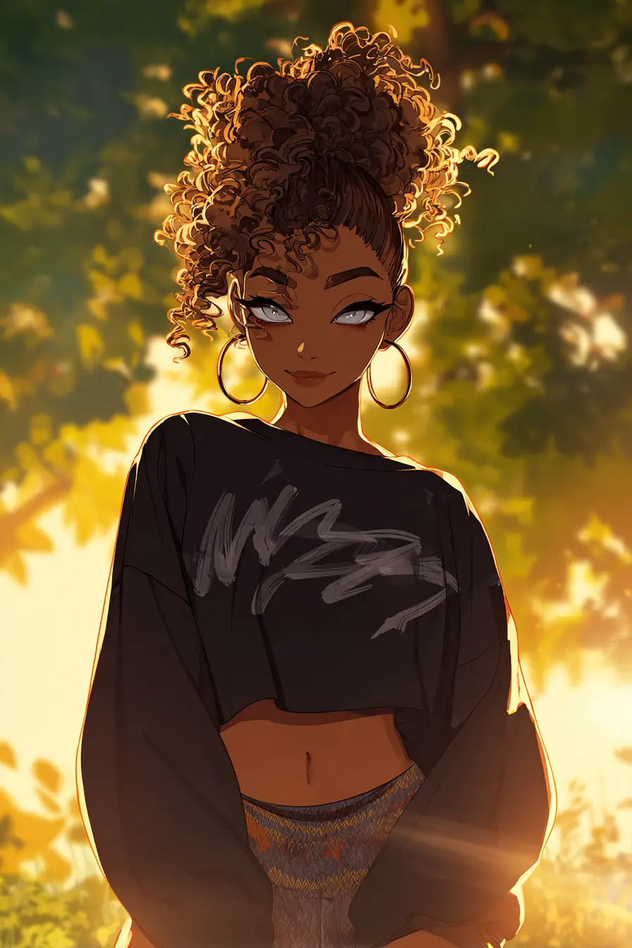 Smiling ebony woman with curls in casual glam outfit