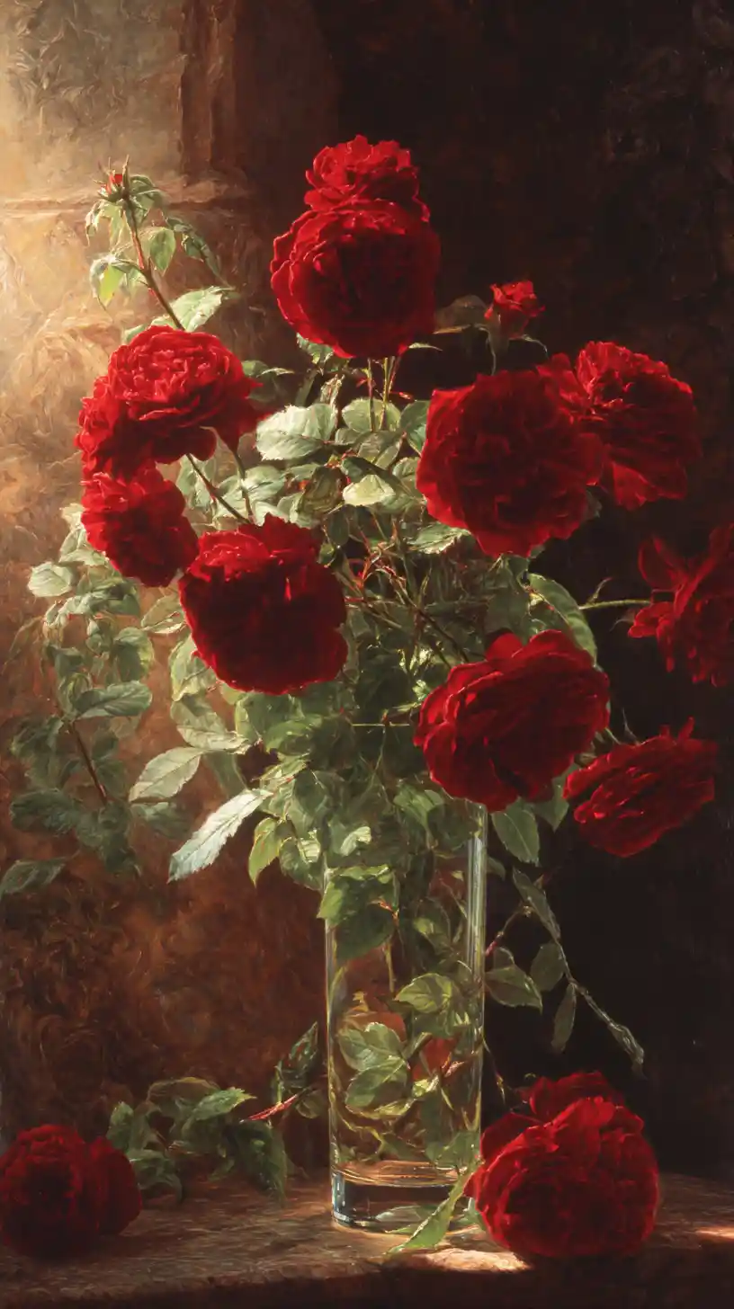 Samtige rote Rosen in einer Glasvase arrangiert
