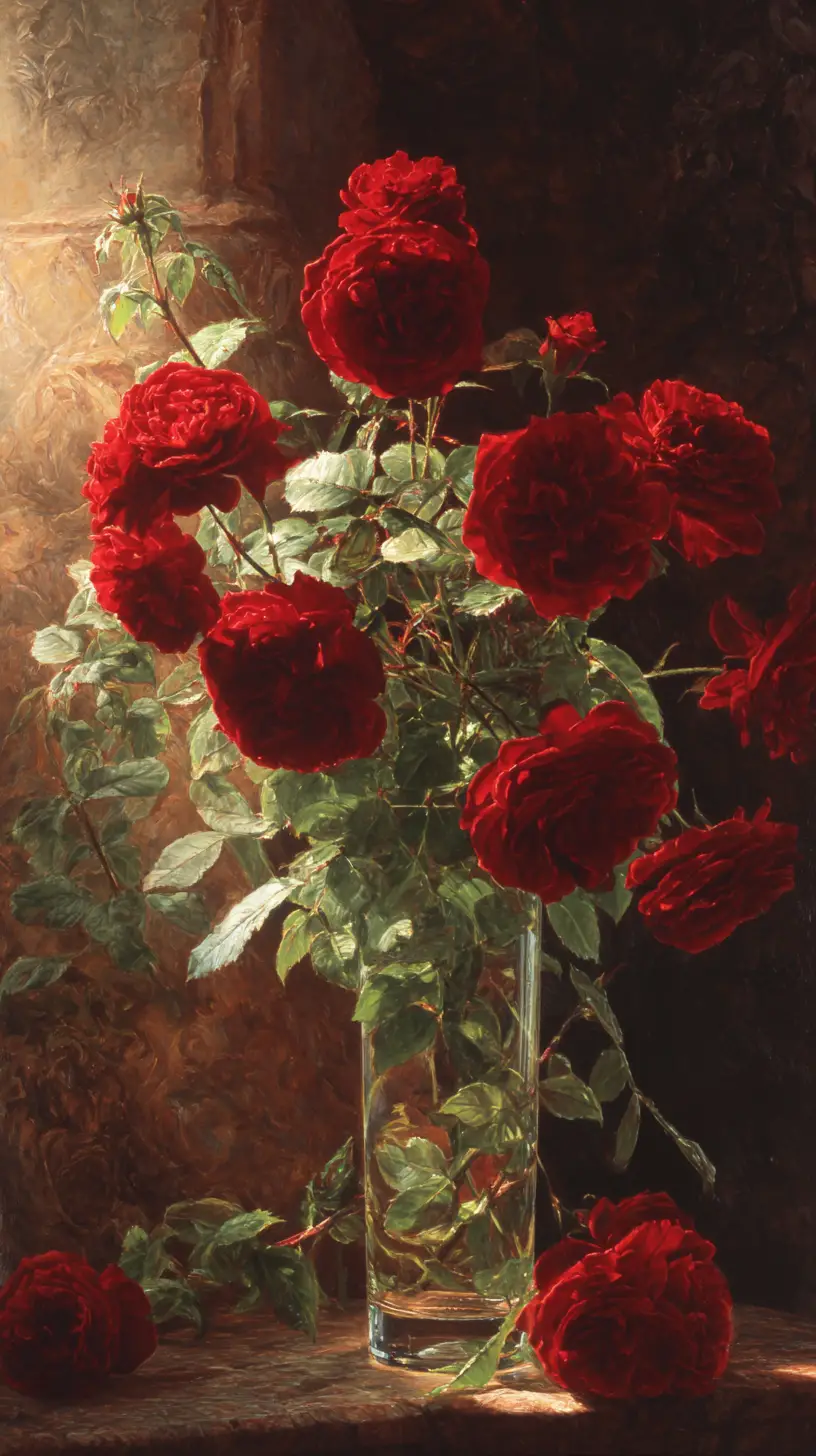 Velvety red roses arranged in a glass vase