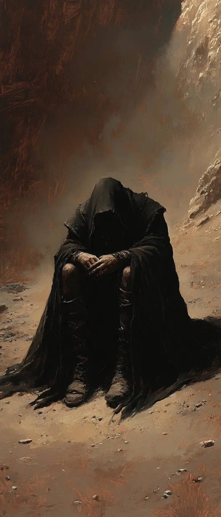 Weary traveler collapsing in a dark mountain pass