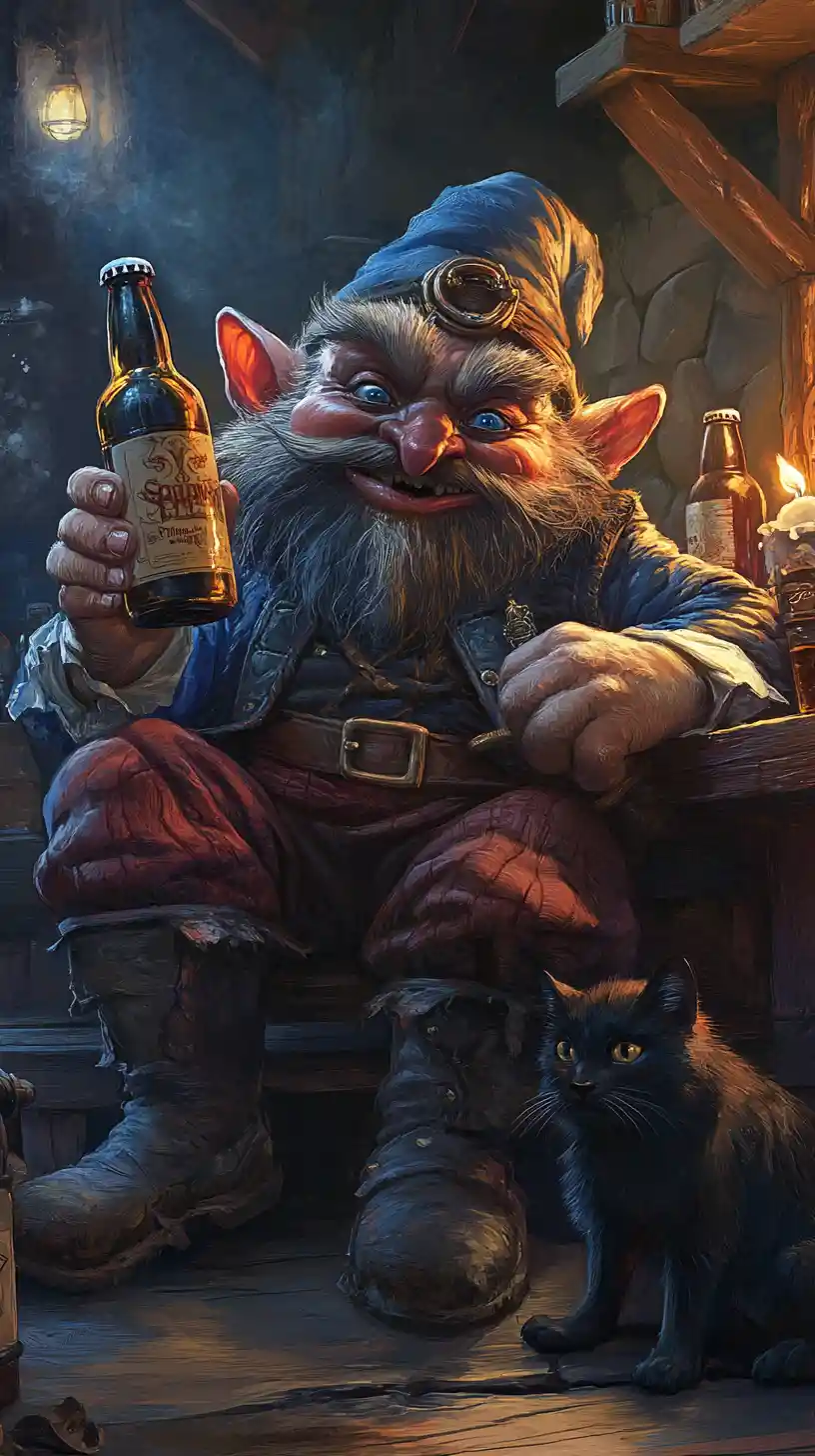Gnomo juguetón sobre barril de cerveza en una taberna rústica