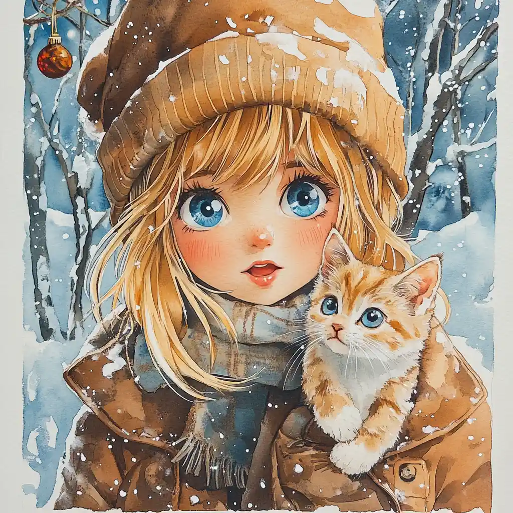 Shy blonde girl reaching for a kitten in the snow