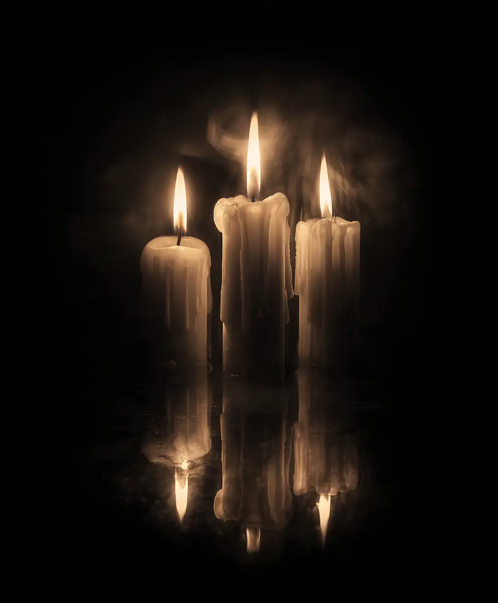 Close up of three glowing candles in darkness