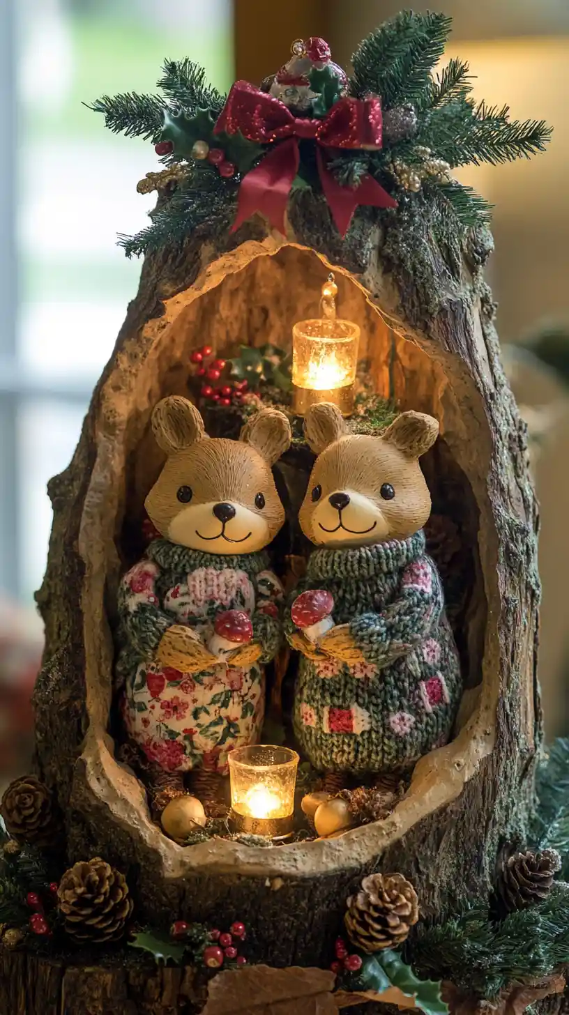 Woodland animals in cozy tree trunk holiday gathering