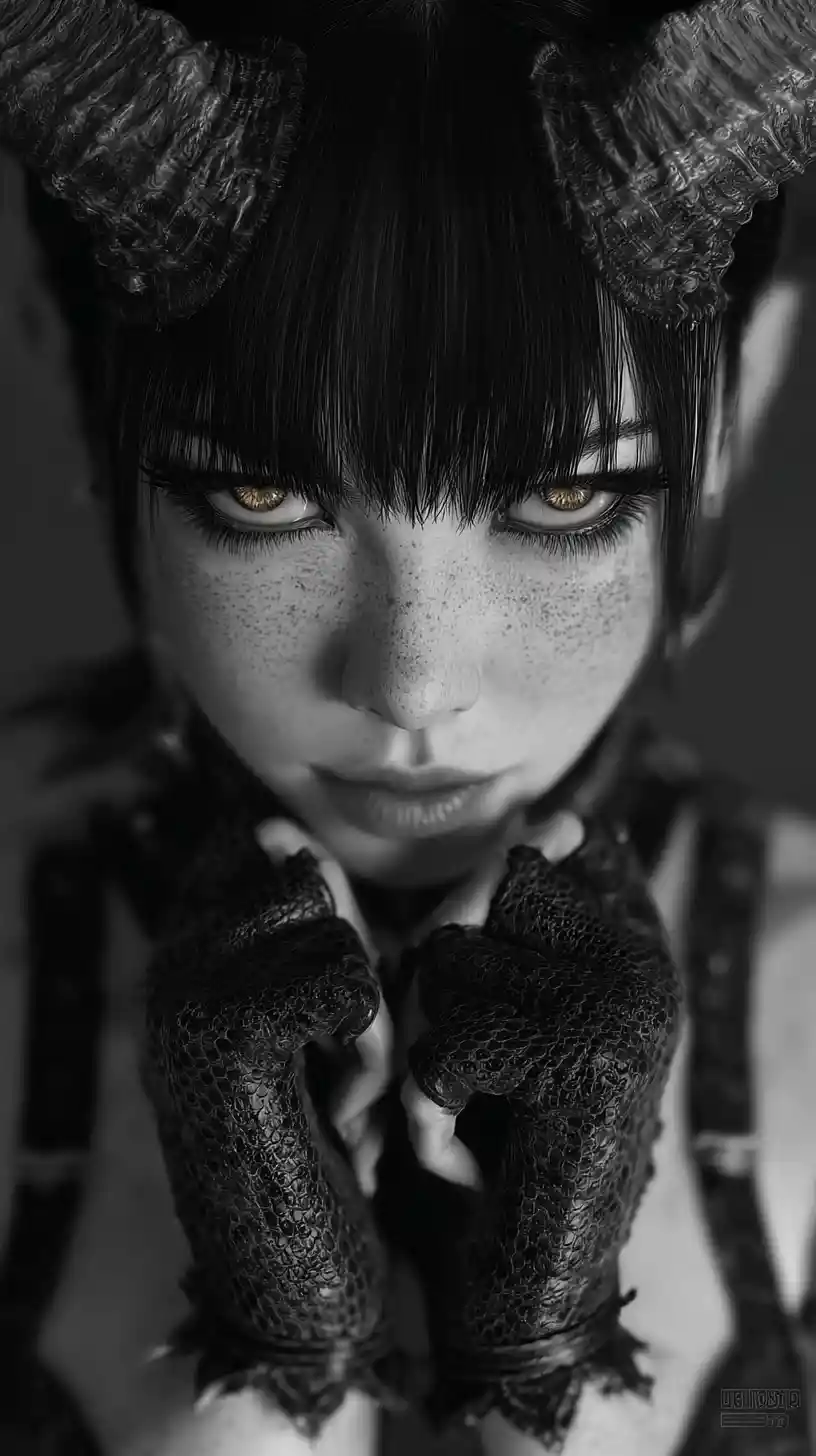 Ominous horned anime girl with golden eyes and snake