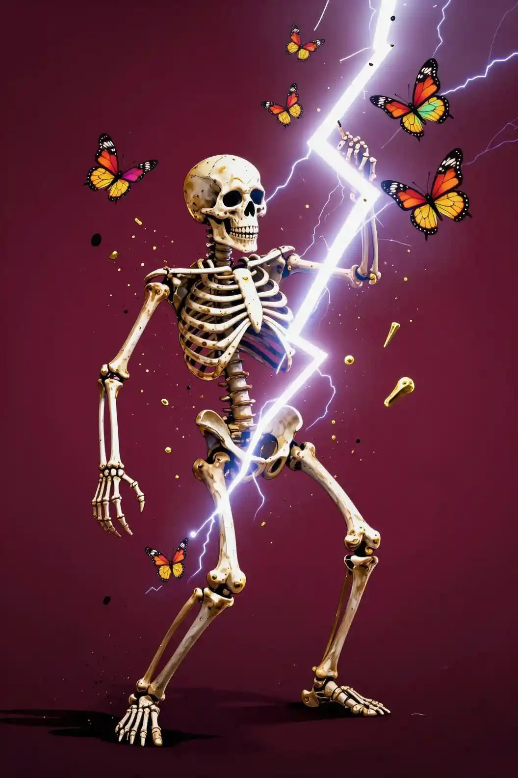 Skeleton shattered by lightning on maroon album cover art