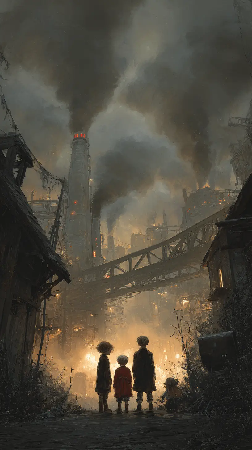 Steampunk city backyard with children playing in smoke