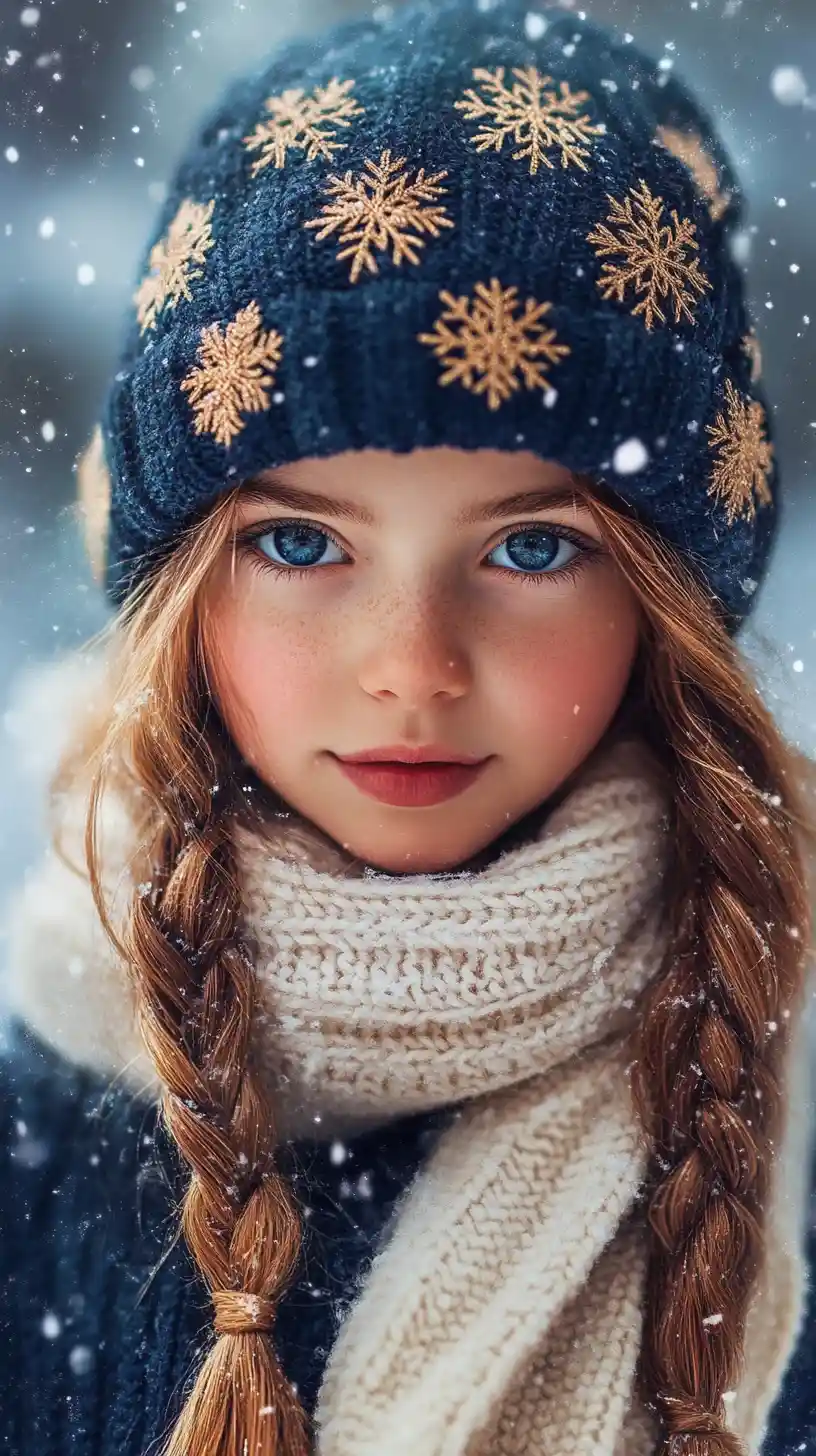 Smiling girl in winter hat with falling snowflakes
