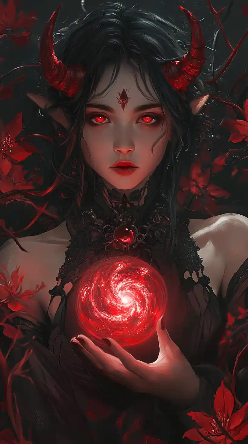 Demonic priestess holding a glowing galaxy orb