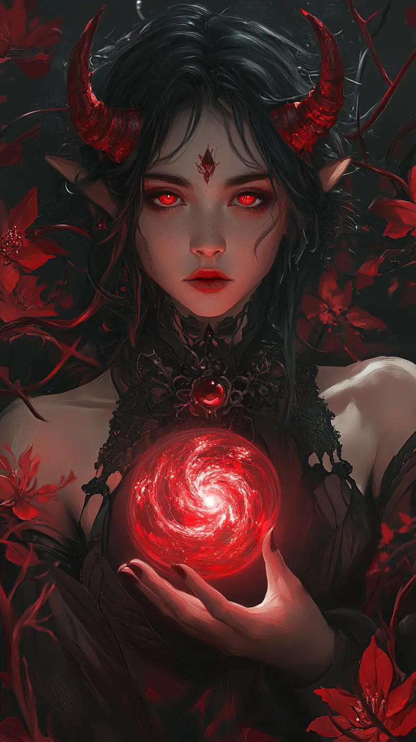 Demonic priestess holding a glowing galaxy orb