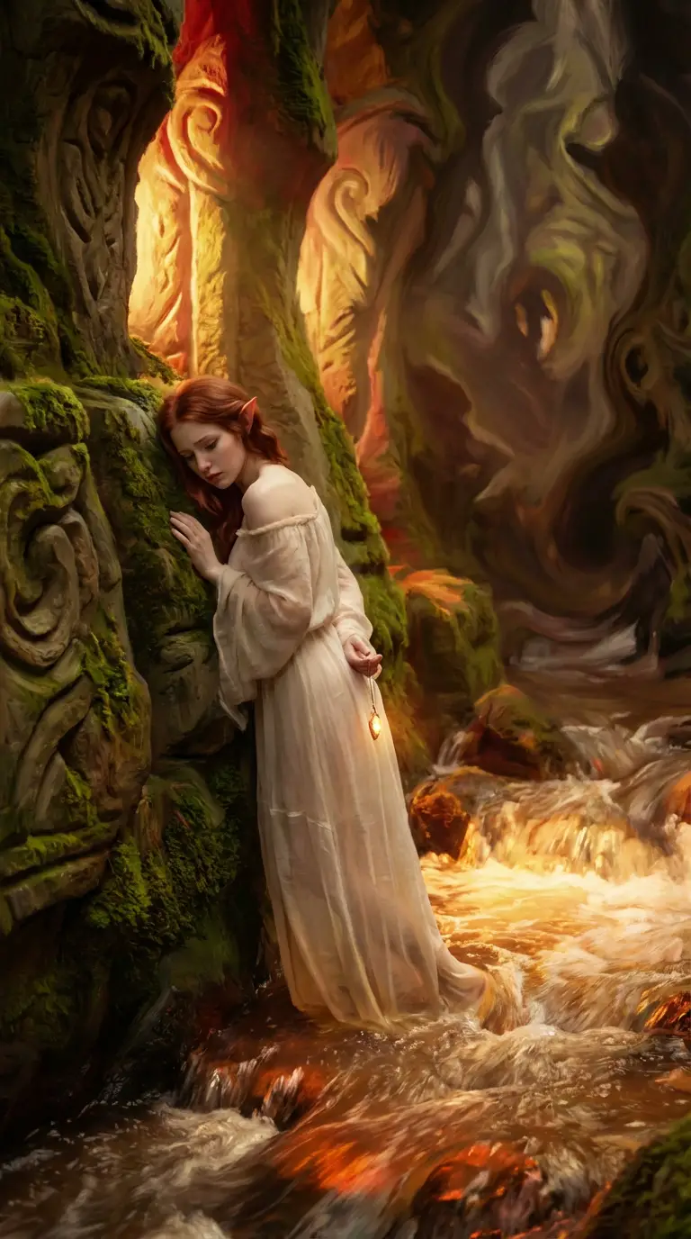 Elf woman in sheer linen standing in dungeon stream