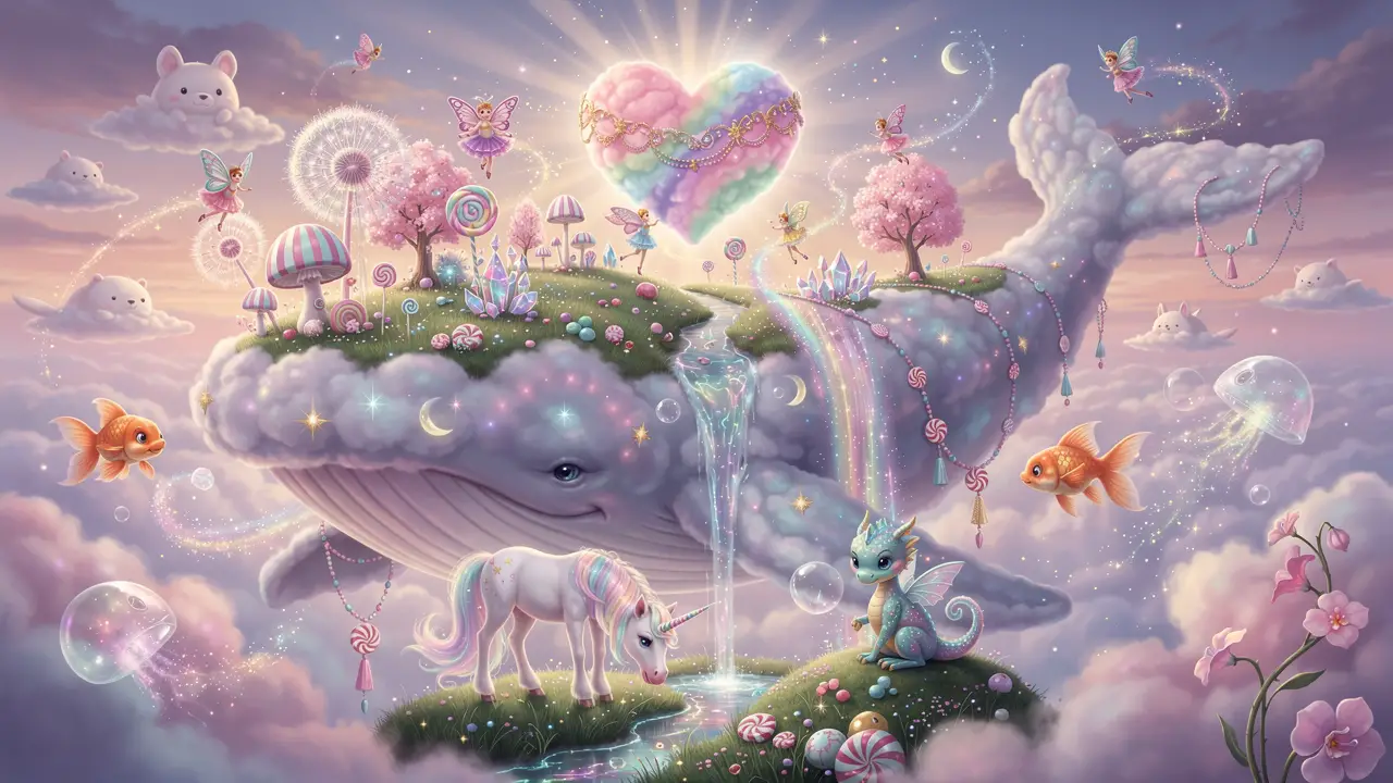 Gentle Cloud Whale Carrying A Floating Fantasy Wonderland