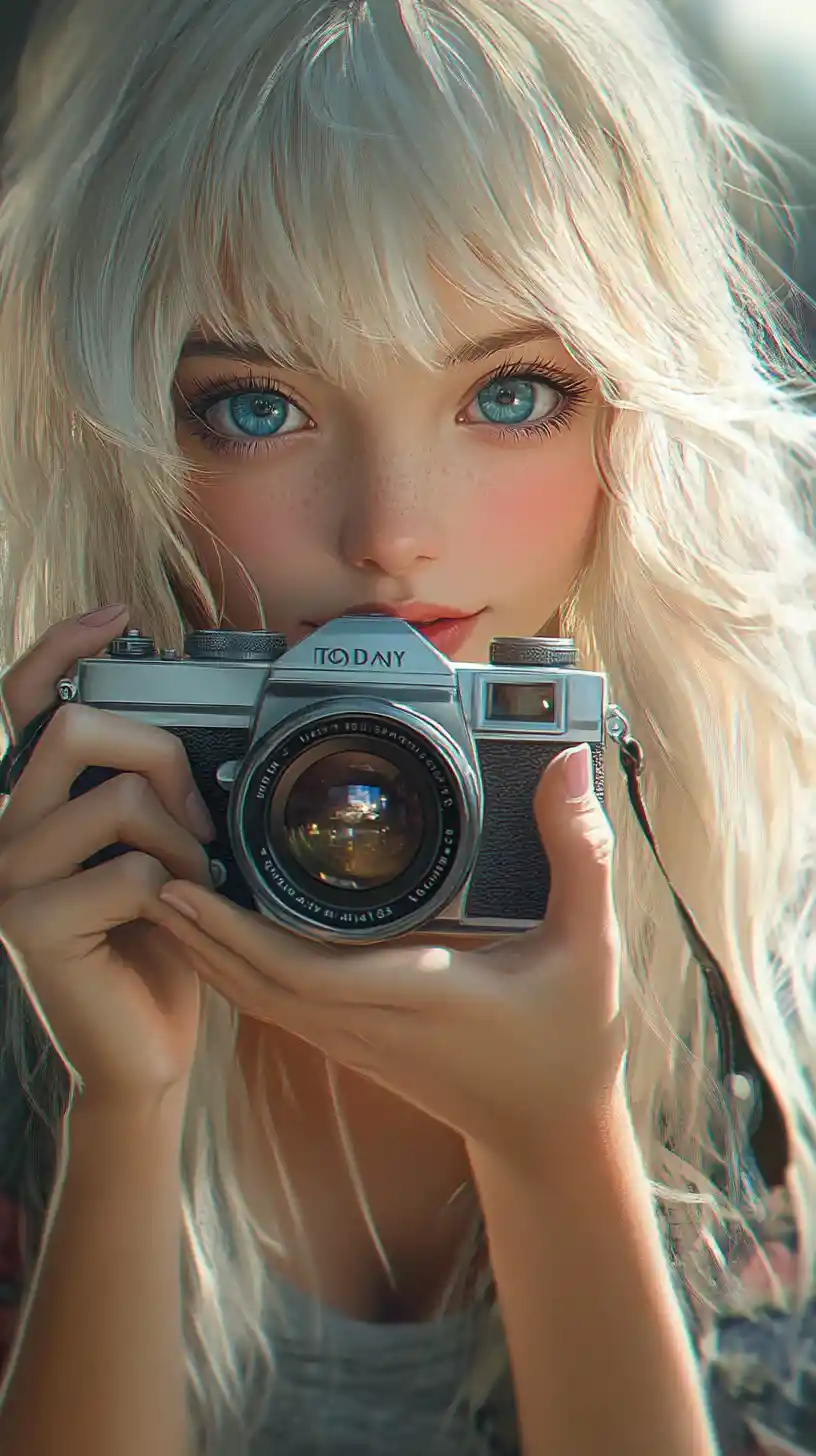 Anime girl with camera and blue eyes in urban portrait