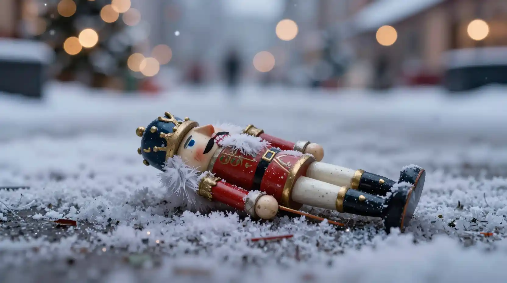 Boule de Noël vintage cassée sur un trottoir d’hiver enneigé