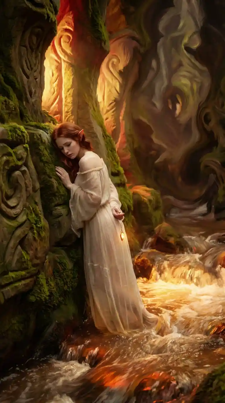 Elf woman in sheer linen standing in dungeon stream