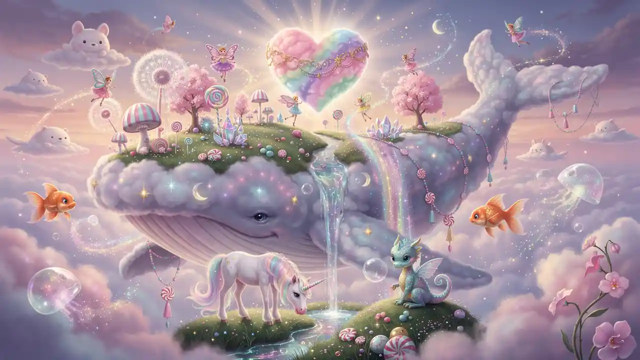 Gentle Cloud Whale Carrying A Floating Fantasy Wonderland