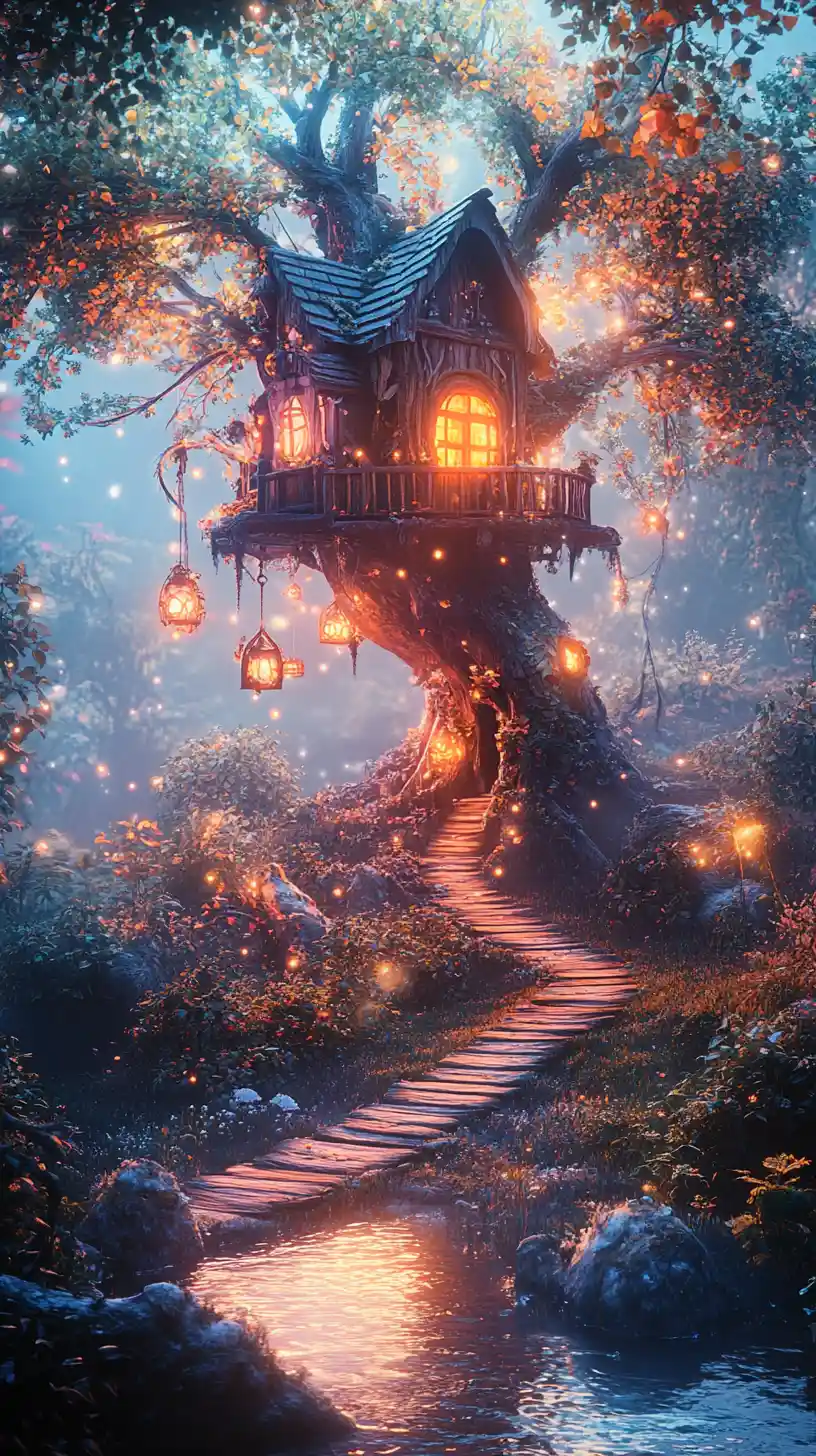 Enchanted Treehouse In A Dreamy Fantasy Landscape