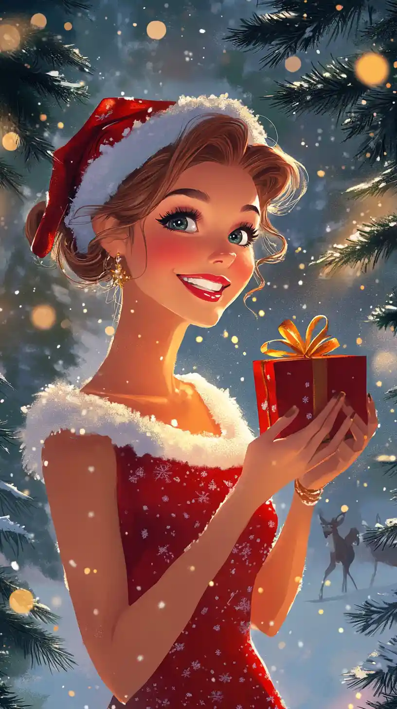 Smiling woman in christmas dress holding a gift