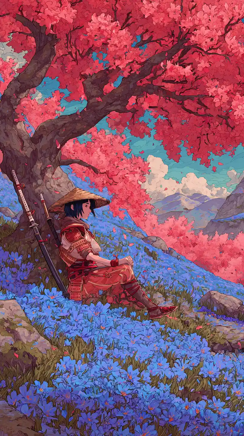 Samurai girl resting in a cherry blossom flower field