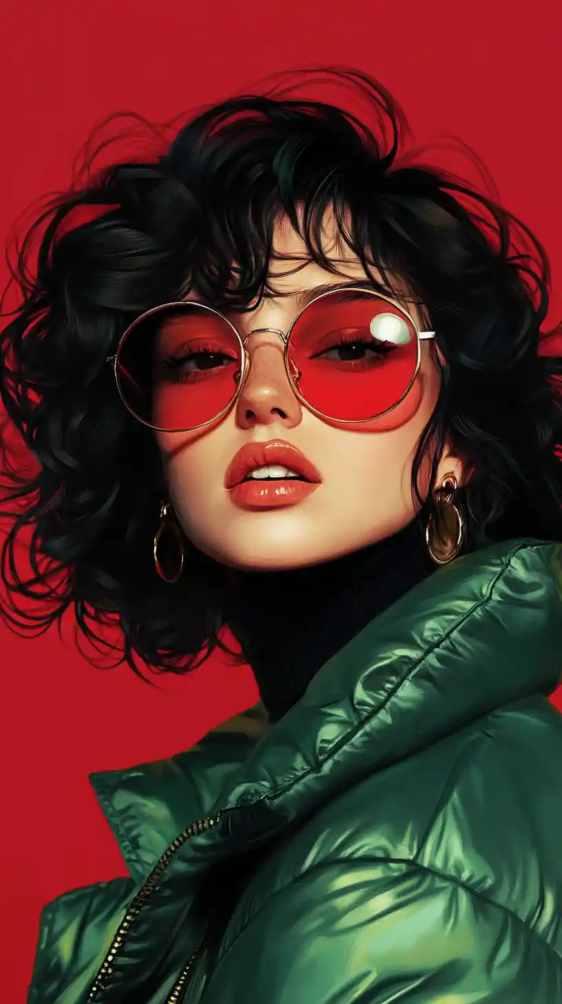 Confident girl in green jacket with red glasses portrait